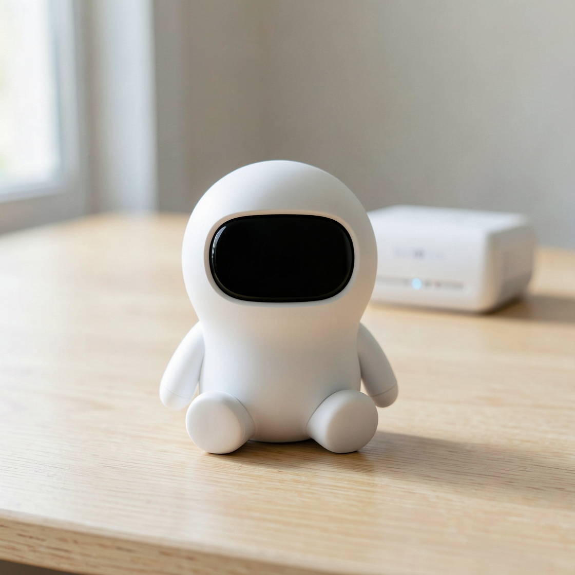 Generic white companion robot with a blank dark face on a desk, with a blurred router behind it.
