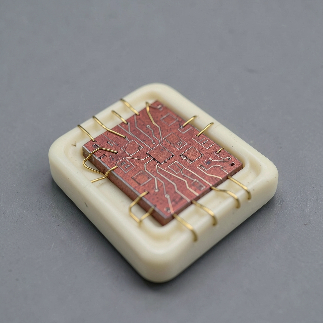 Conceptual opened ceramic chip package with a reddish patterned die and gold bond wires on a gray laboratory surface