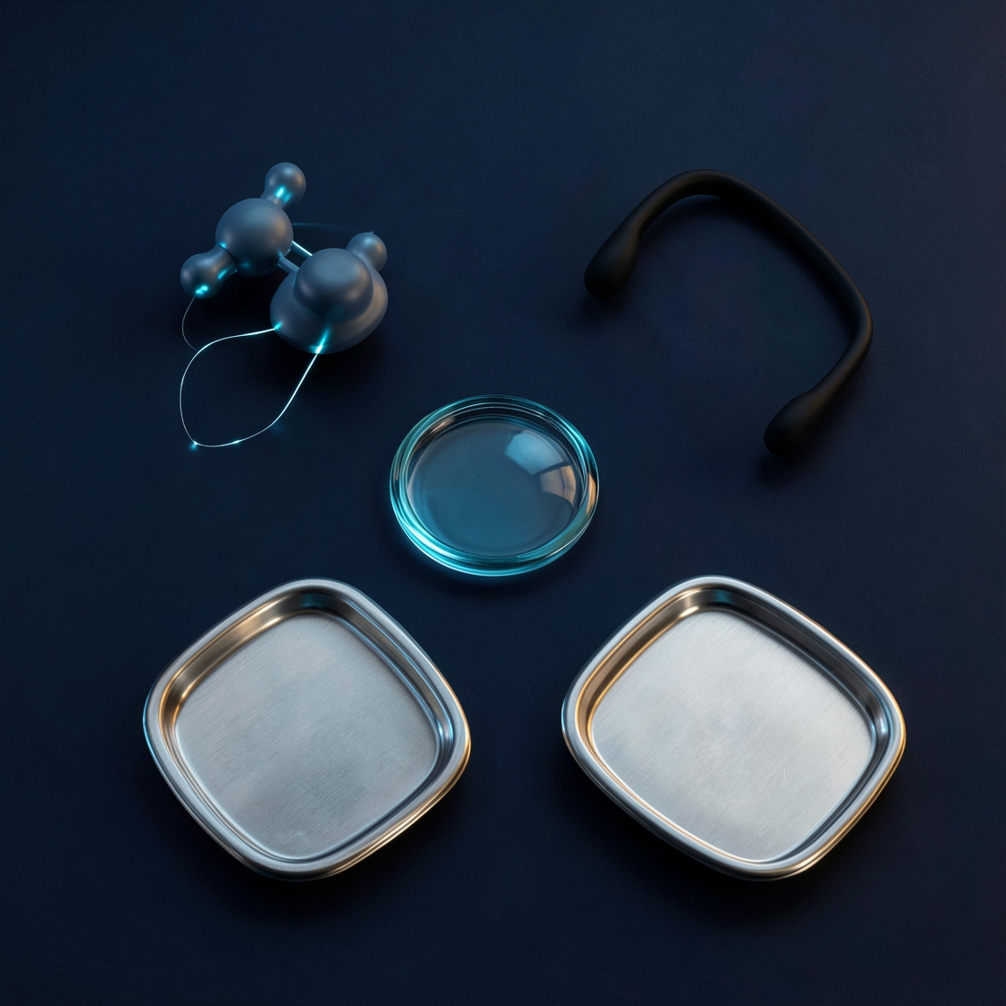 Abstract editorial still life with connected spheres, a glass circle, a curved black arc and paired metal trays on a dark blue surface