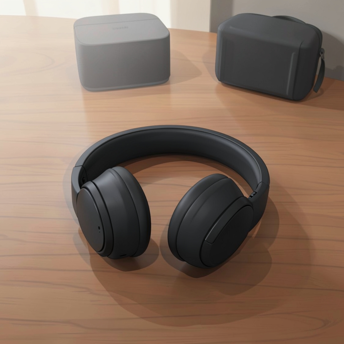 Editorial illustration of generic black over-ear headphones on a wooden table, with a home speaker and travel case behind them.