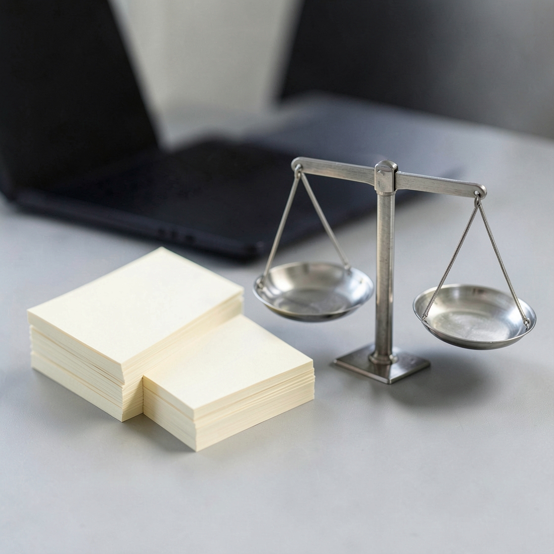Two stacks of blank paper beside a small metal balance scale and a dark laptop on a grey desk