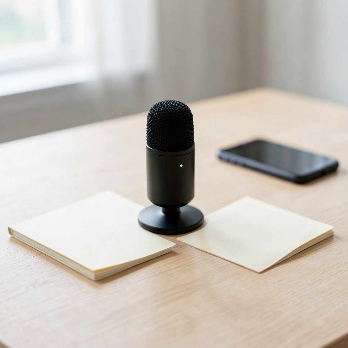 Black desktop microphone with a green indicator, blank notebooks and a phone on a pale desk.