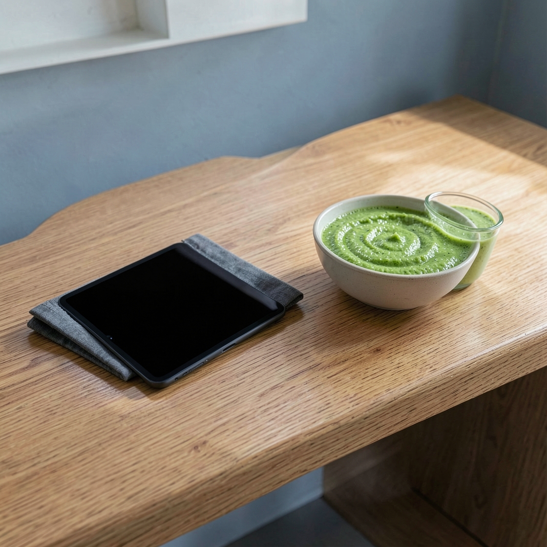 A blank-screen tablet on grey cloth beside a bowl of green puree and a glass of green smoothie on an oak counter.