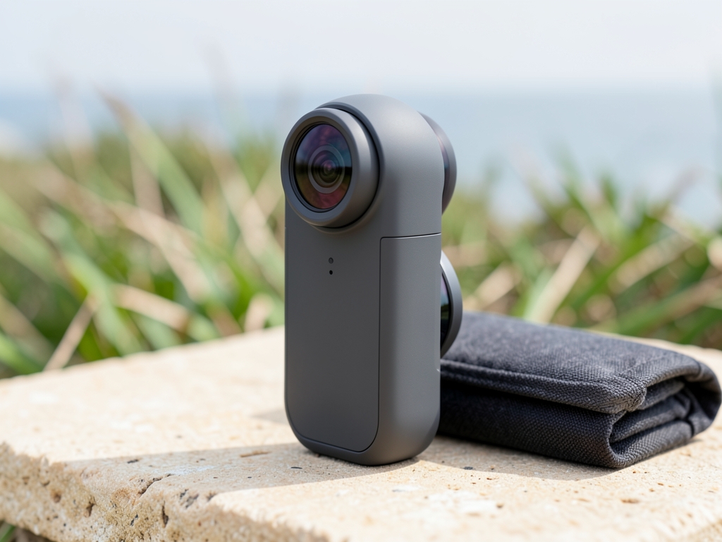 Editorial illustration of a generic upright gray panoramic camera with a protruding curved lens on pale stone beside a folded charcoal fabric pouch, with blurred green plants behind it.