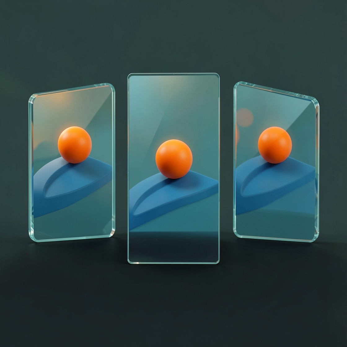 Three clear panels showing an orange sphere above a curved blue track