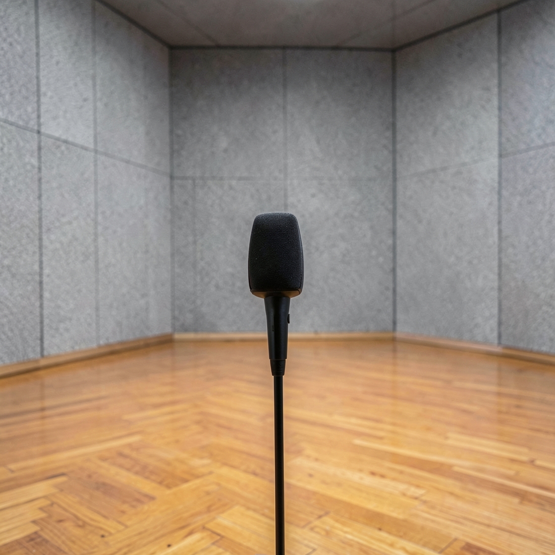 AI-generated conceptual illustration of a microphone in an empty room with acoustic wall panels