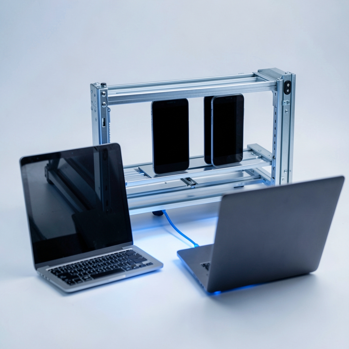 Two blank-screen phones in a metal testing rack behind two laptops