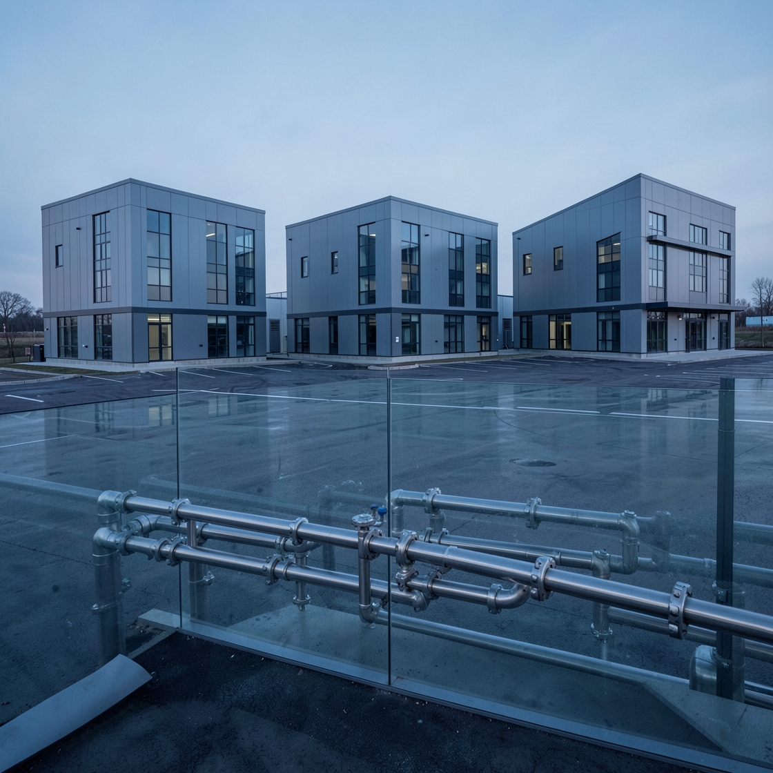 Three grey campus buildings with metal cooling pipes behind glass in the foreground