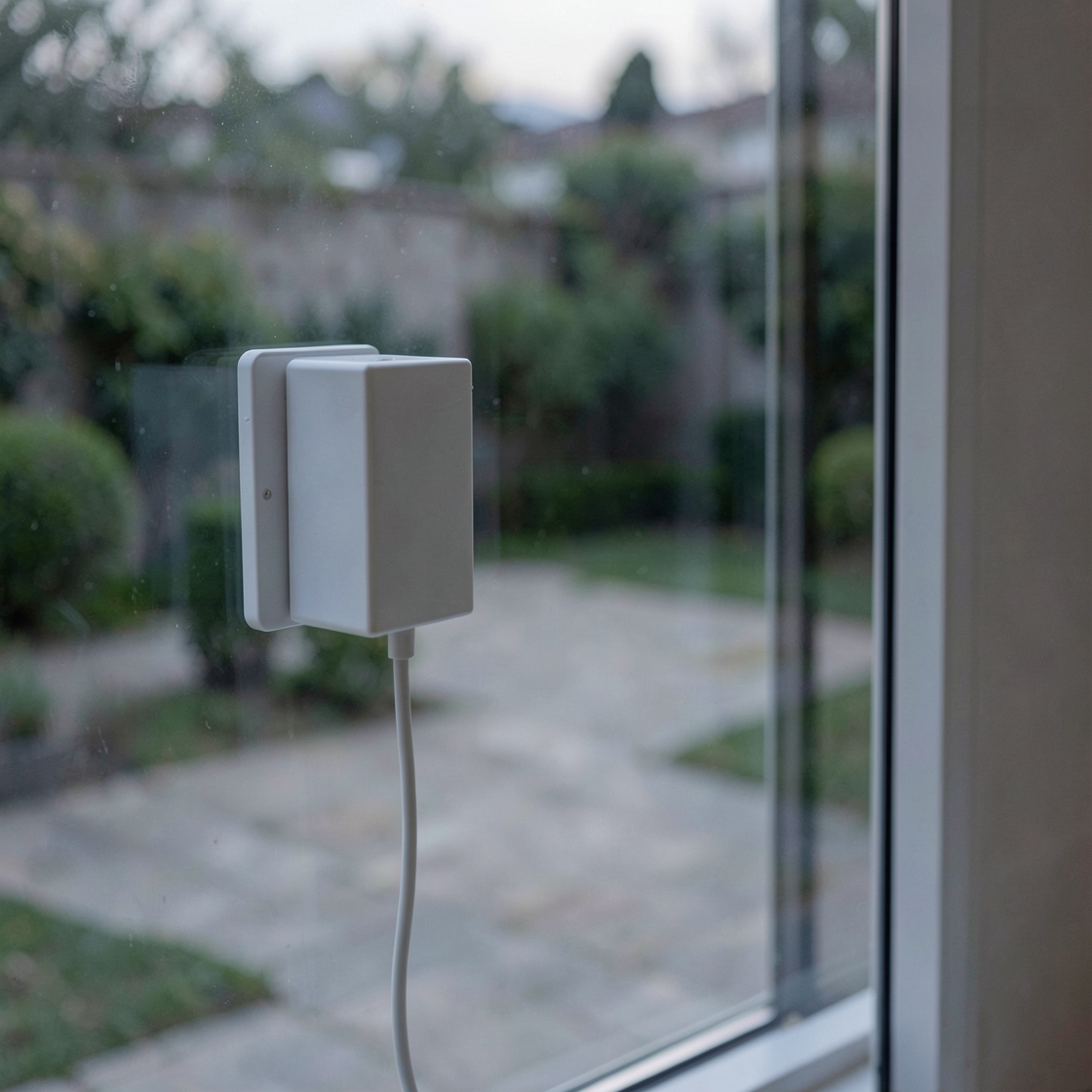 Conceptual white window-mounted camera viewed from indoors, with a cable and a blurred courtyard outside.