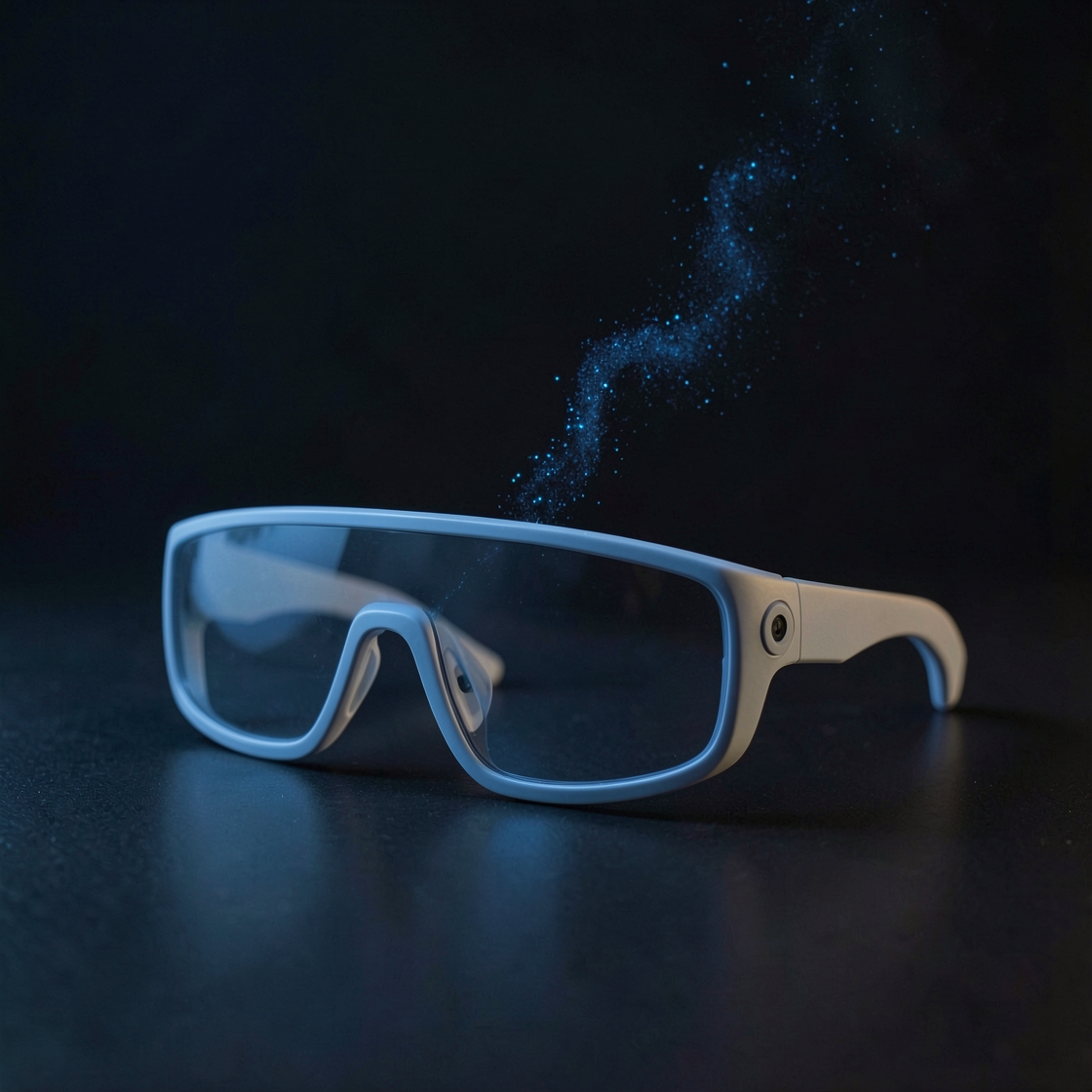 Illustration of unbranded camera smart glasses with blue particles dispersing into dark air above the frame