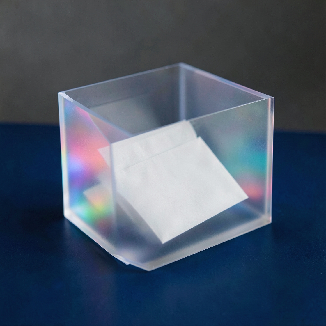 Blank white envelopes inside a translucent glass box reflecting colored light on a blue surface