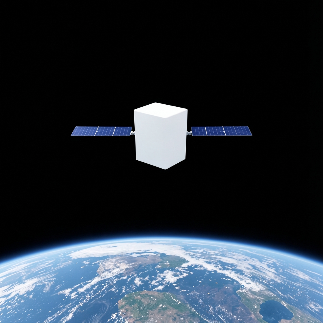 Conceptual white cube-like satellite with two blue solar panels above the curve of Earth